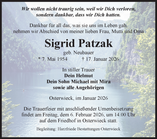 Traueranzeige von Sigrid Patzak von Volksstimme Halberstadt