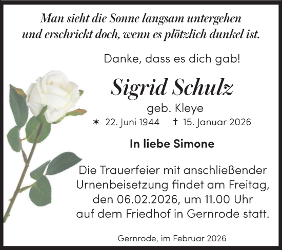 Traueranzeige von Sigrid Schulz von Trauerkombi Quedlinburg