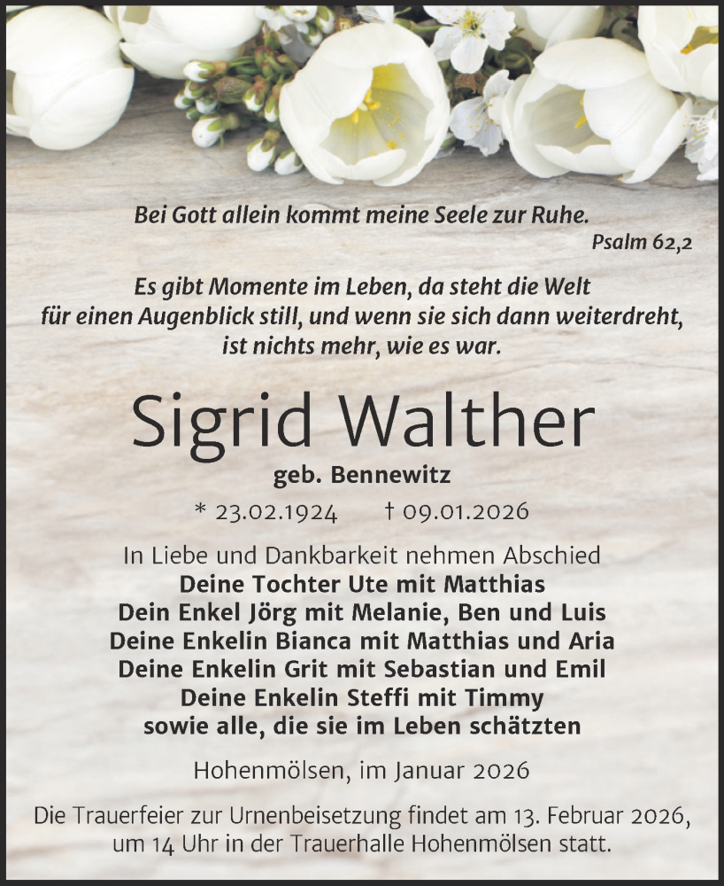  Traueranzeige für Sigrid Walther vom 24.01.2026 aus Trauerkombi Weißenfels