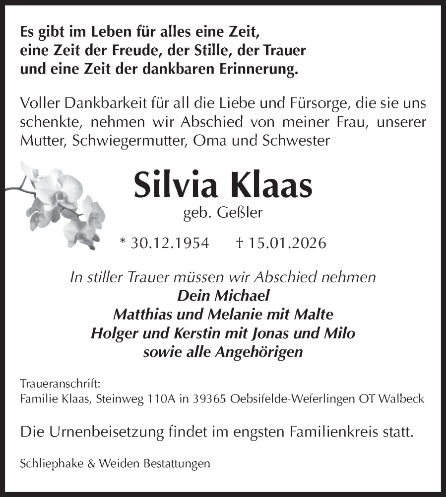  Traueranzeige für Silvia Klaas vom 24.01.2026 aus Volksstimme Haldensleben/Wolmirstedt