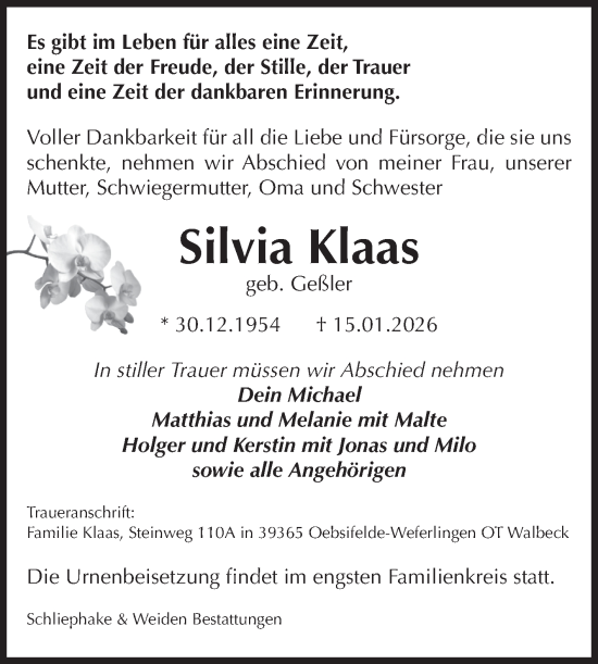 Traueranzeige von Silvia Klaas von Volksstimme Haldensleben/Wolmirstedt