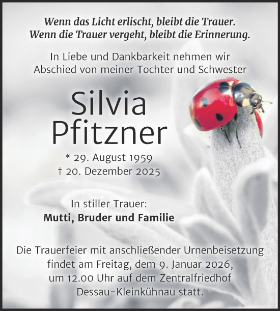 Traueranzeige von Silvia Pfitzner von Trauerkombi Dessau