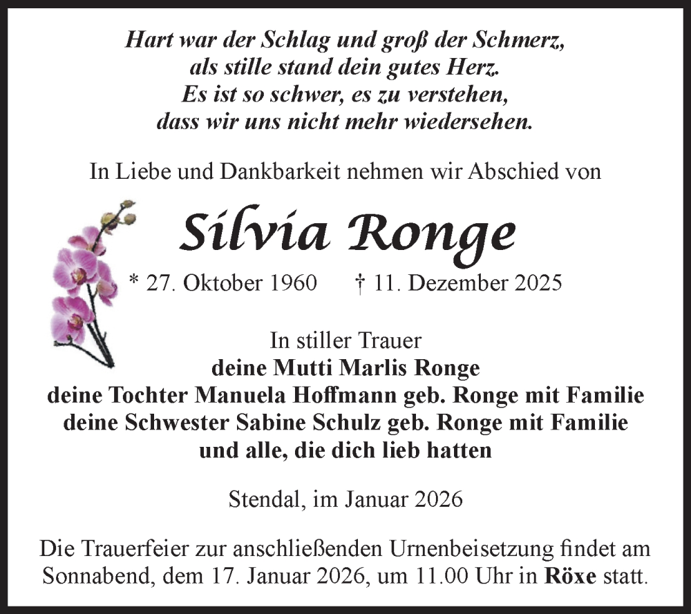  Traueranzeige für Silvia Ronge vom 03.01.2026 aus Volksstimme Altmark Ost