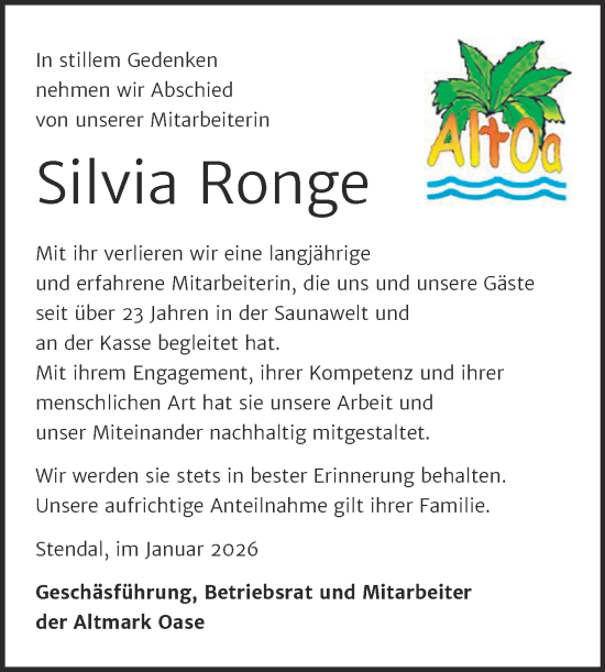 Traueranzeige von Silvia Ronge von Volksstimme Altmark Ost