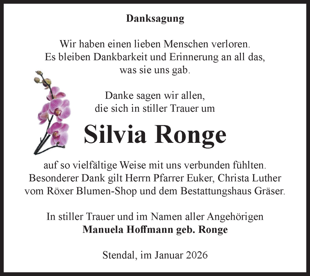  Traueranzeige für Silvia Ronge vom 24.01.2026 aus Volksstimme Altmark Ost