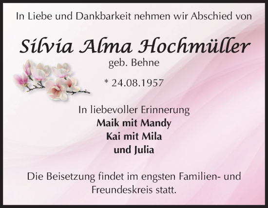 Traueranzeige von Silvia Alma Hochmüller von Volksstimme Altmark Ost