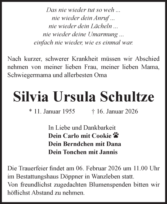 Traueranzeige von Silvia Ursula Schultze von Volksstimme Oschersleben/Wanzleben