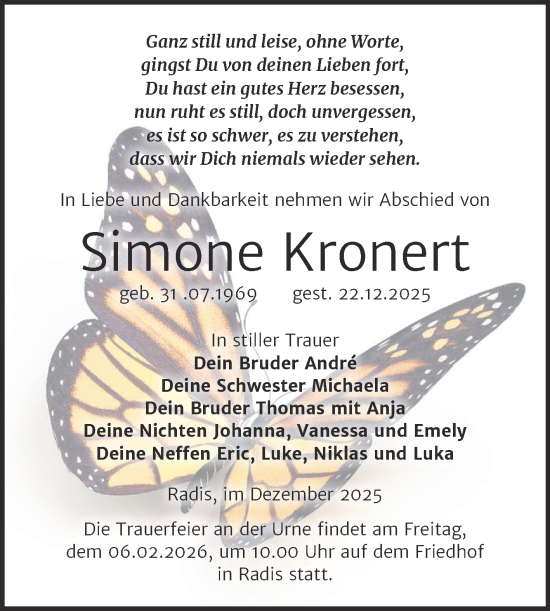 Traueranzeige von Simone Kronert von Trauerkombi Wittenberg