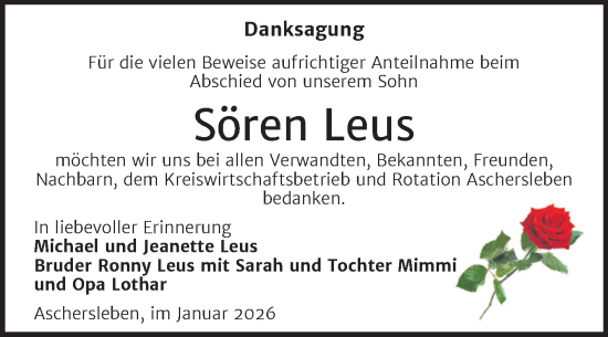 Traueranzeige von Sören Leus von Trauerkombi Aschersleben