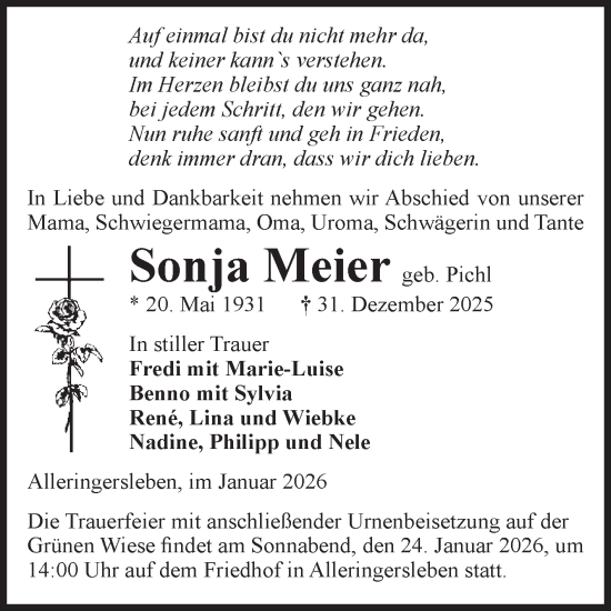 Traueranzeige von Sonja Meier von Volksstimme Haldensleben/Wolmirstedt
