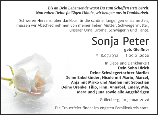 Traueranzeige von Sonja Peter von Trauerkombi Sangerhausen