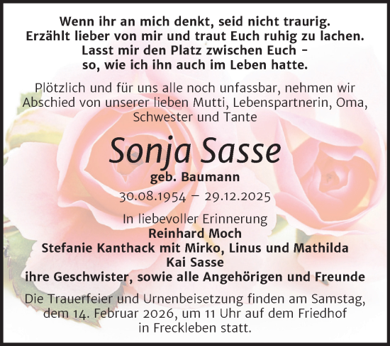Traueranzeige von Sonja Sasse von Trauerkombi Aschersleben