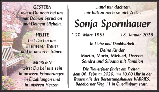 Traueranzeige von Sonja Spornhauer von Trauerkombi Quedlinburg
