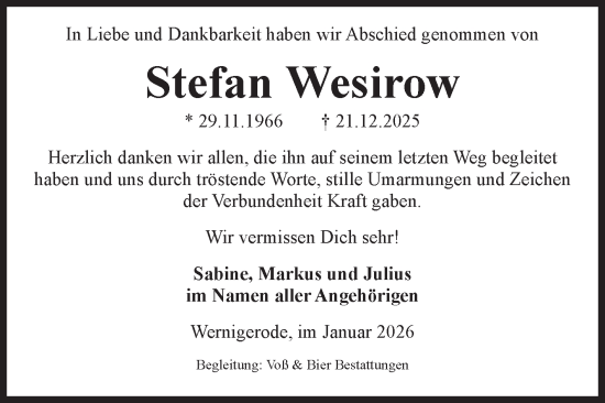 Traueranzeige von Stefan Wesirow von Volksstimme Wernigerode