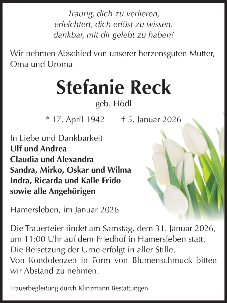  Traueranzeige für Stefanie Reck vom 17.01.2026 aus Volksstimme Oschersleben/Wanzleben