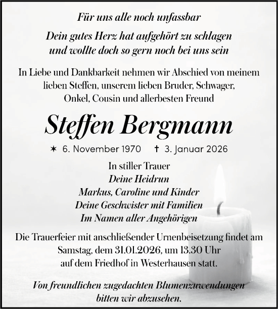 Traueranzeige von Steffen Bergmann von Trauerkombi Quedlinburg
