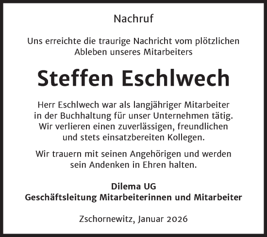 Traueranzeige von Steffen Eschlwech von Super Sonntag Wittenberg