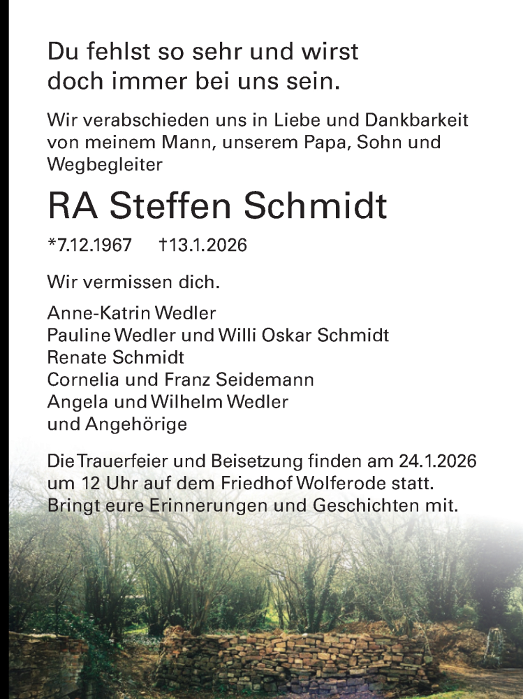  Traueranzeige für Steffen Schmidt vom 20.01.2026 aus Trauerkombi Mansfelder Land