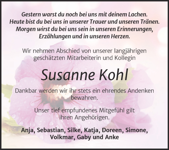 Traueranzeige von Susanne Kohl von Super Sonntag Wittenberg