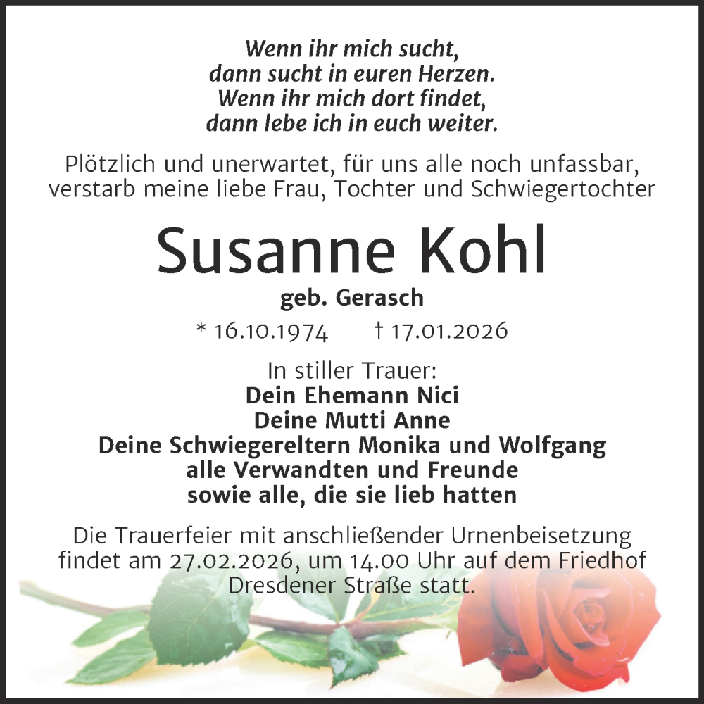  Traueranzeige für Susanne Kohl vom 31.01.2026 aus Trauerkombi Wittenberg