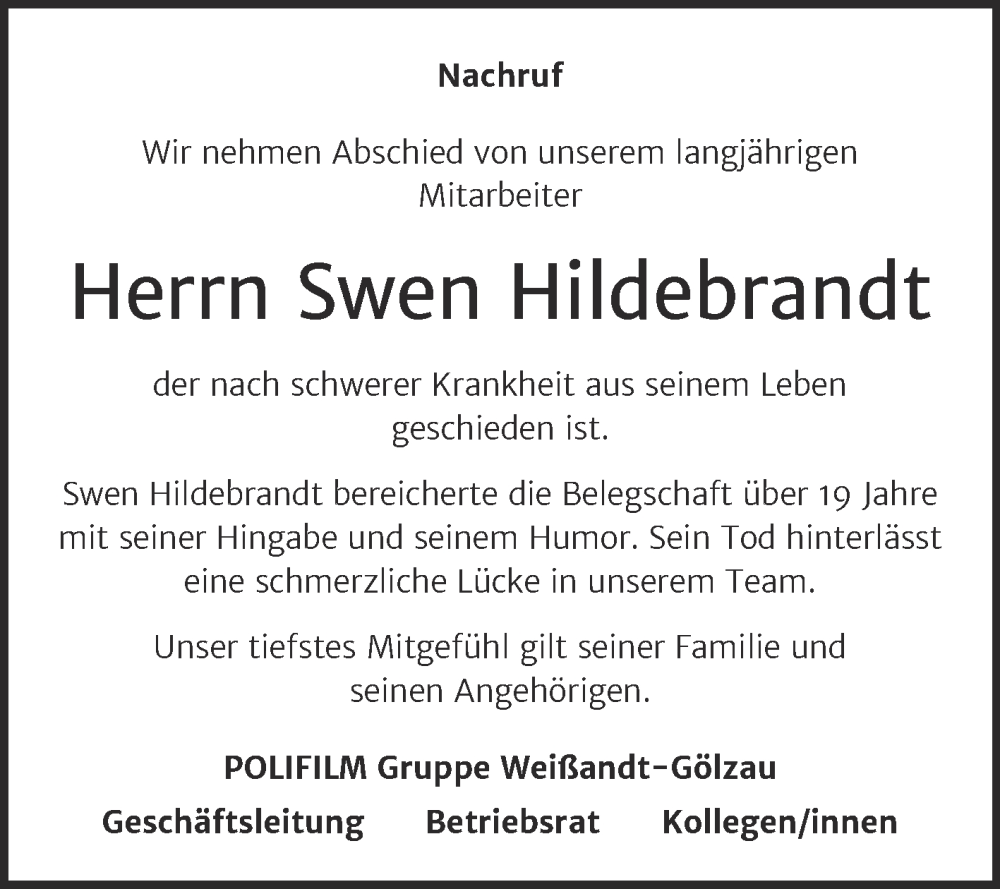  Traueranzeige für Swen Hildebrandt vom 24.01.2026 aus Super Sonntag Köthen
