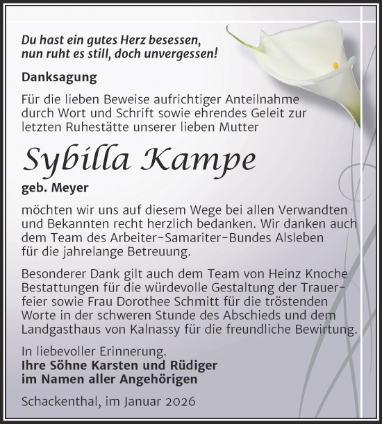 Traueranzeige von Sybilla Kampe von Trauerkombi Aschersleben