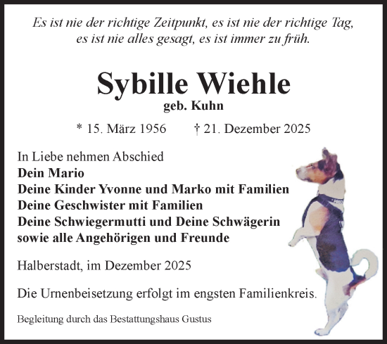 Traueranzeige von Sybille Wiehle von Volksstimme Halberstadt