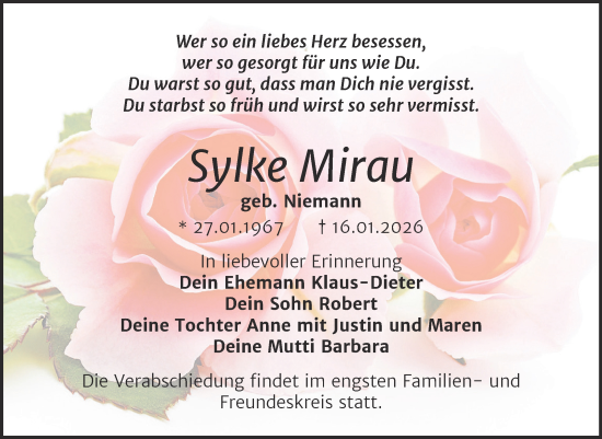 Traueranzeige von Sylke Mirau von Trauerkombi Sangerhausen