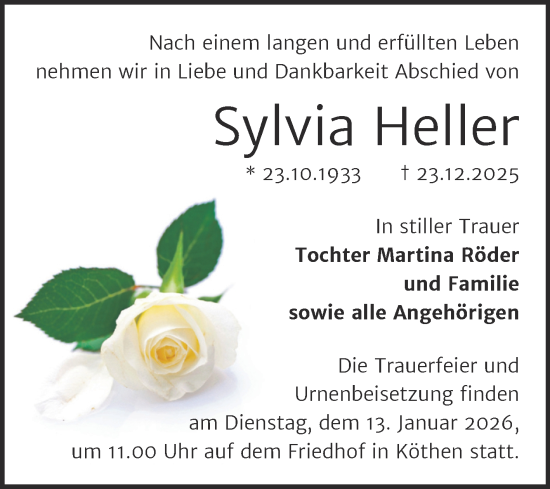 Traueranzeige von Sylvia Heller von Trauerkombi Köthen