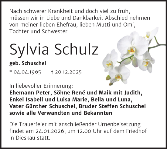 Traueranzeige von Sylvia Schulz von Mitteldeutsche Zeitung Halle/Saalkreis