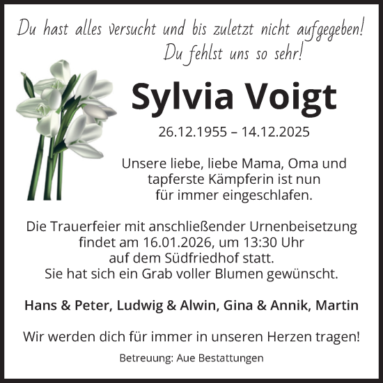 Traueranzeige von Sylvia Voigt von Volksstimme Magdeburg