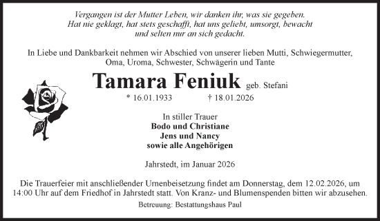 Traueranzeige von Tamara Feniuk von Volksstimme Altmark West
