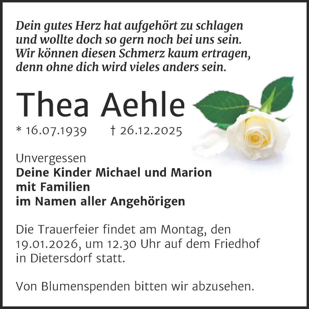  Traueranzeige für Thea Aehle vom 10.01.2026 aus Trauerkombi Sangerhausen