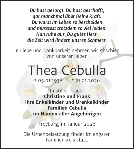 Traueranzeige von Thea Cebulla von Super Sonntag Naumburg/Nebra
