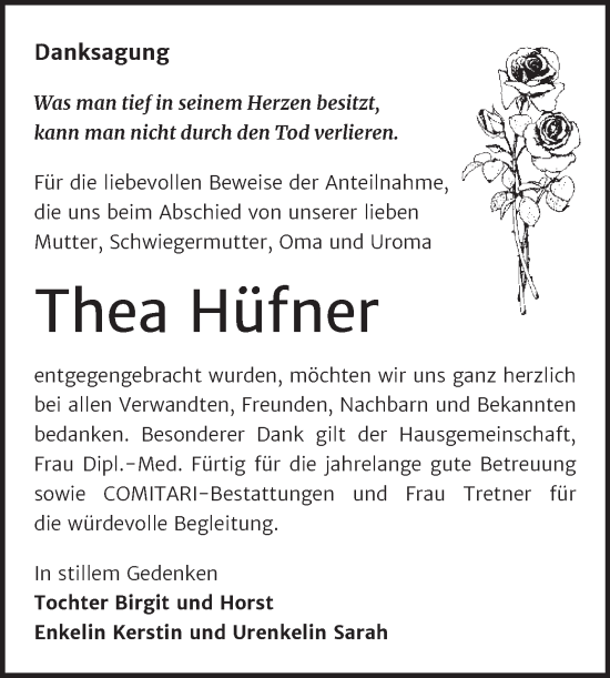 Traueranzeige von Thea Hüfner von Trauerkombi Zeitz
