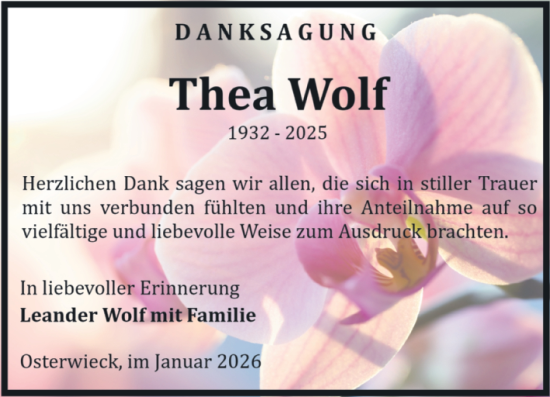 Traueranzeige von Thea Wolf von Volksstimme Halberstadt