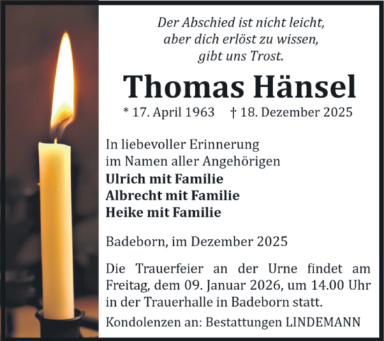 Traueranzeige von Thomas Hansel von Trauerkombi Quedlinburg