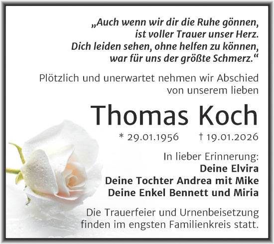Traueranzeige von Thomas Koch von Trauerkombi Mansfelder Land