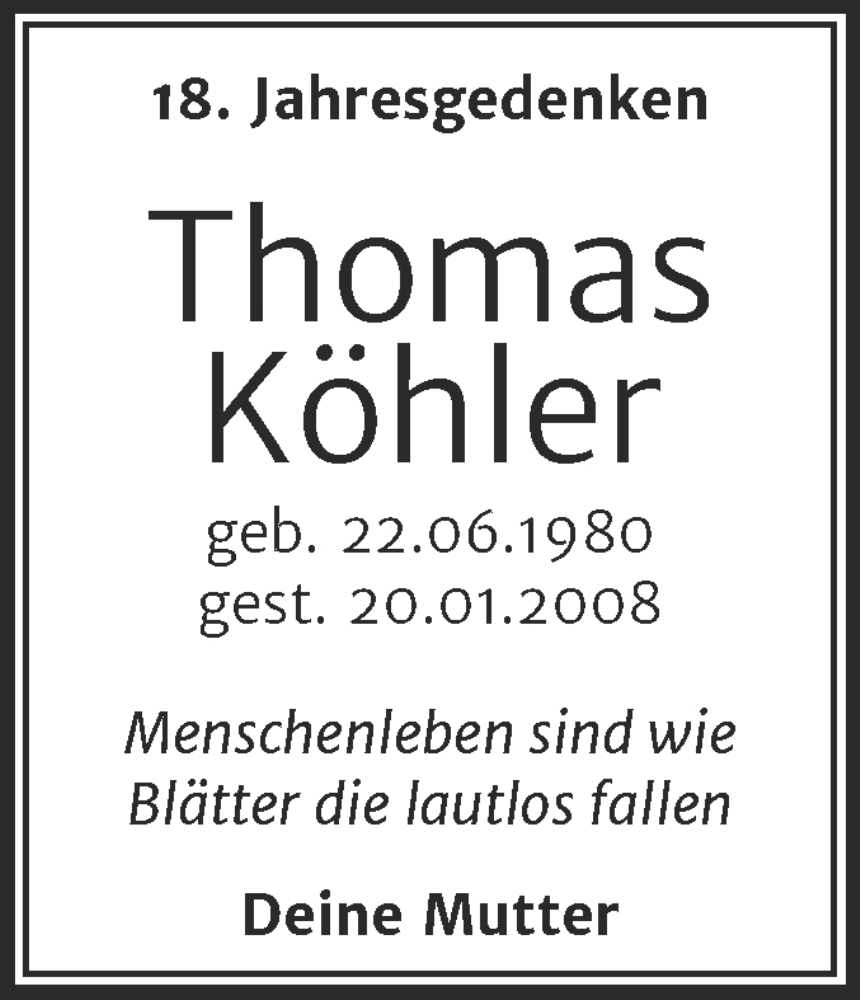  Traueranzeige für Thomas Köhler vom 20.01.2026 aus Mitteldeutsche Zeitung Halle/Saalkreis