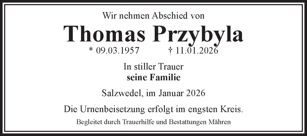  Traueranzeige für Thomas Przybyla vom 30.01.2026 aus Volksstimme Altmark Ost