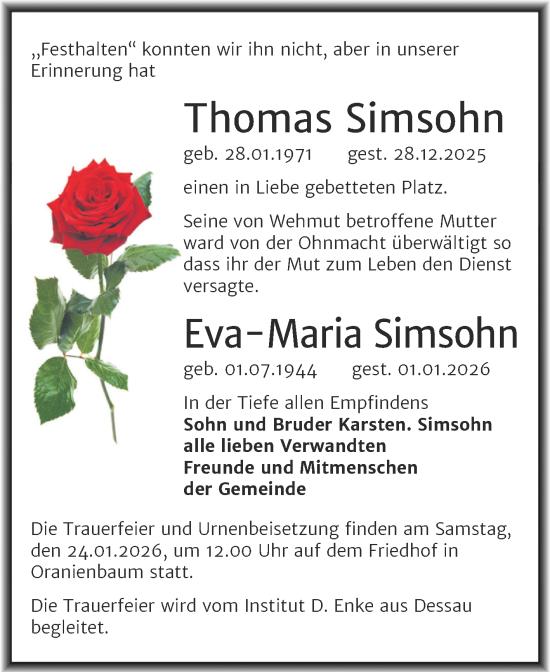 Traueranzeige von Thomas und Eva-Maria Simsohn 