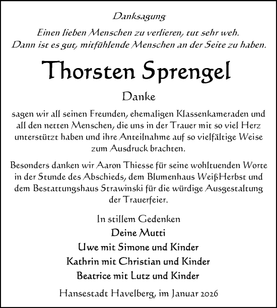 Traueranzeige von Thorsten Sprengel von Volksstimme Altmark Ost