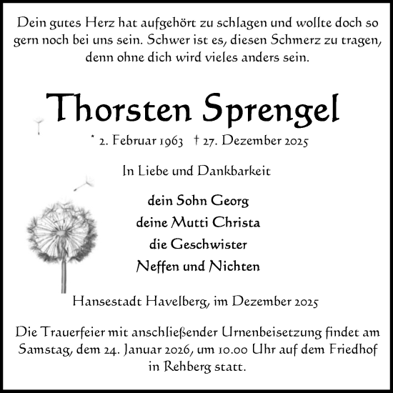 Traueranzeige von Thorsten Sprengel von Volksstimme Altmark Ost