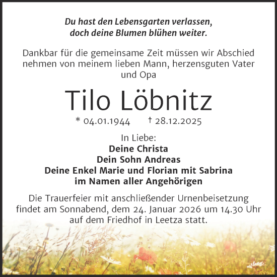 Traueranzeige von Tilo Löbnitz von Trauerkombi Wittenberg