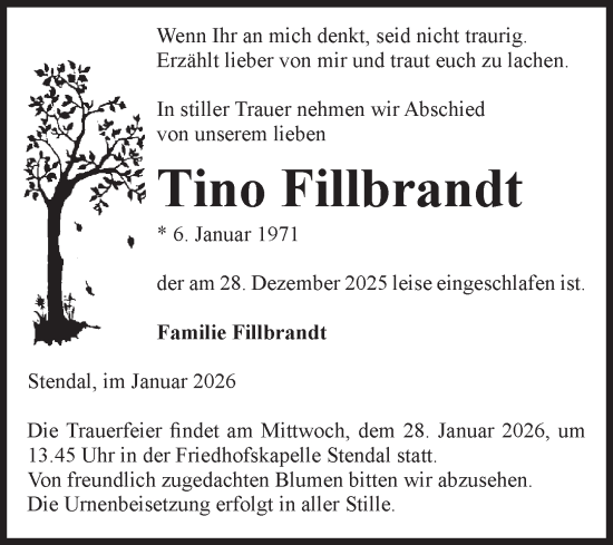 Traueranzeige von Tino Fillbrandt von Volksstimme Altmark Ost