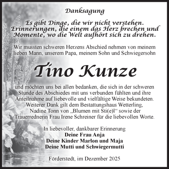 Traueranzeige von Tino Kunze von Volksstimme Schönebeck