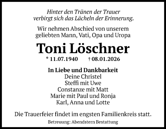 Traueranzeige von Toni Löschner von Volksstimme Altmark Ost