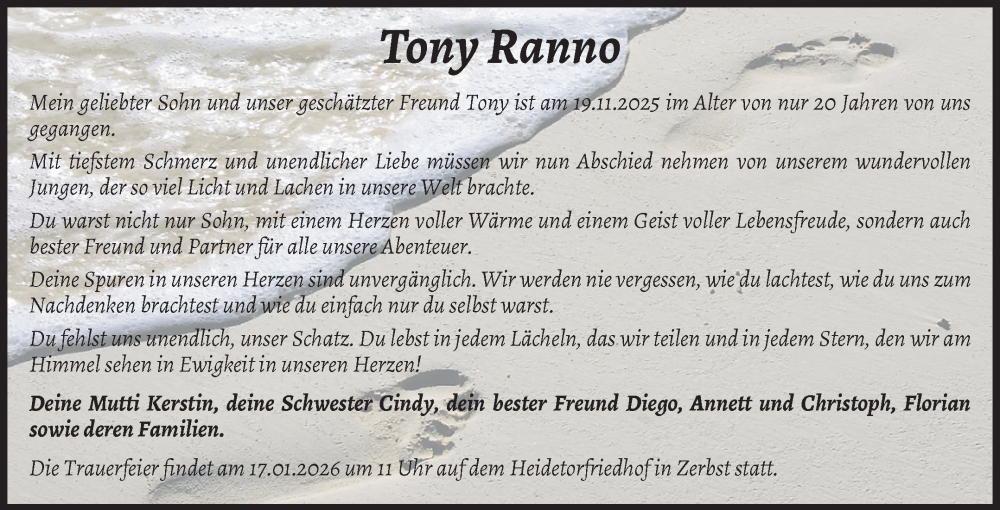  Traueranzeige für Tony Ranno vom 10.01.2026 aus Volksstimme Zerbst