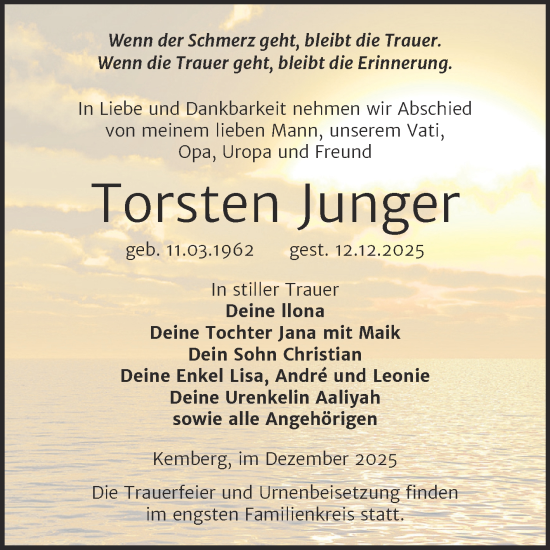 Traueranzeige von Torsten Junger von Trauerkombi Wittenberg