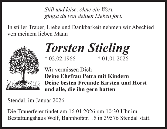 Traueranzeige von Torsten Stieling von Volksstimme Altmark Ost